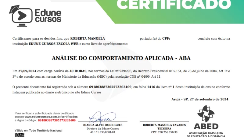 Certificado – Análise do comportamento aplicada ABA